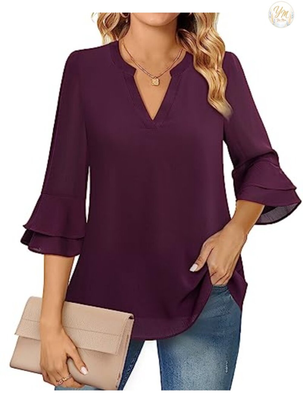 Womens Chiffon Tunic Top 3/4 Ruffle Bell Sleeve V-Neck Business Work Blouse
